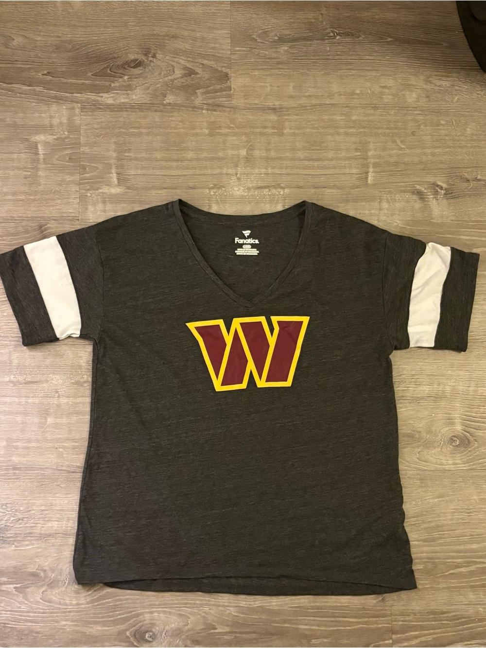 Fanatics Women's Dark Gray V-Neck Tee with Maroon and Gold 'W' Logo